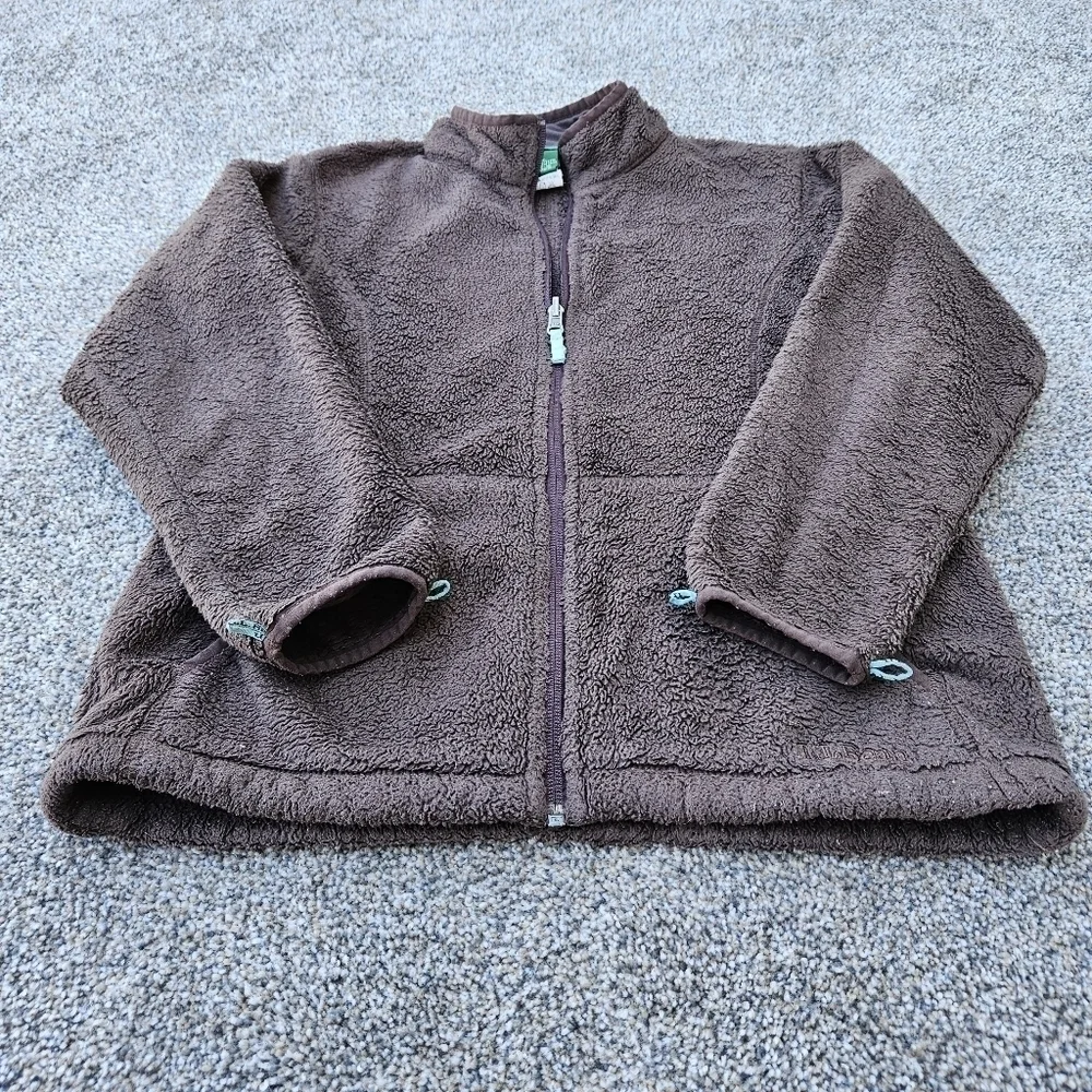 LL Bean Sherpa Fleece Brown Full Zip Jacket Sweatshirt Vintage Youth L 14-16